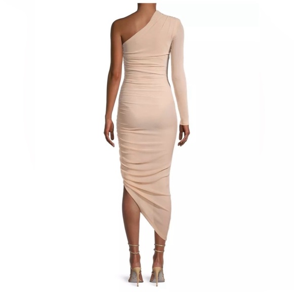 MISHA Tansy Ruched Sparkle Mesh Midi Dress in Champagne - Picture 4 of 16